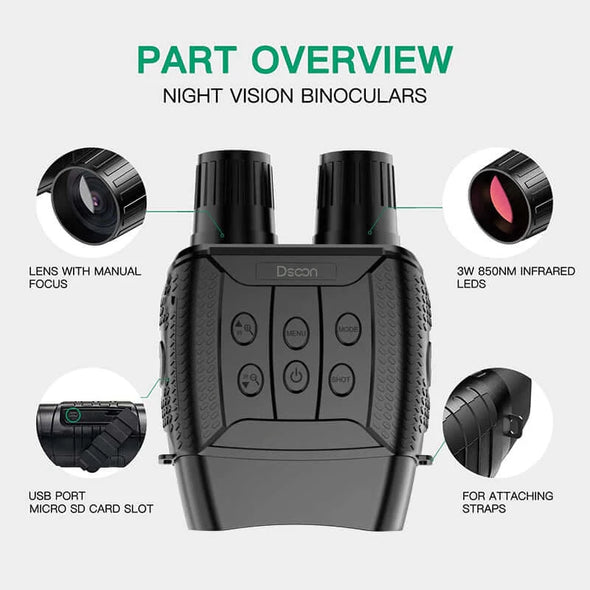 Night Vision Binoculars with Wide Screen - view of binocular features, lens with manual focus, USB port, Micro SD card slot, strap attachment, 3W 850NM infrared LEDS