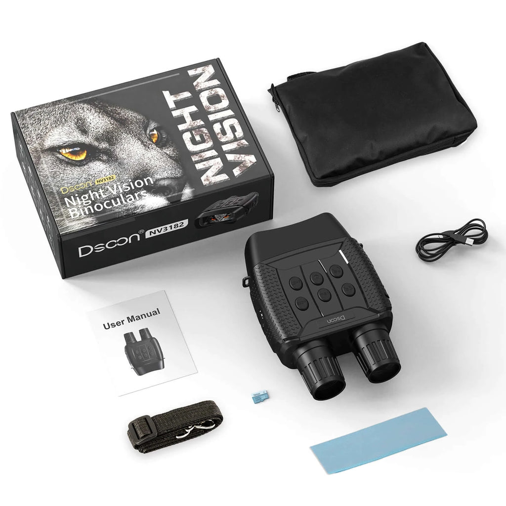 Night Vision Binoculars with Wide Screen - box contents of binoculars, lanyard, user manual, SD card, charging cable and carry pouch