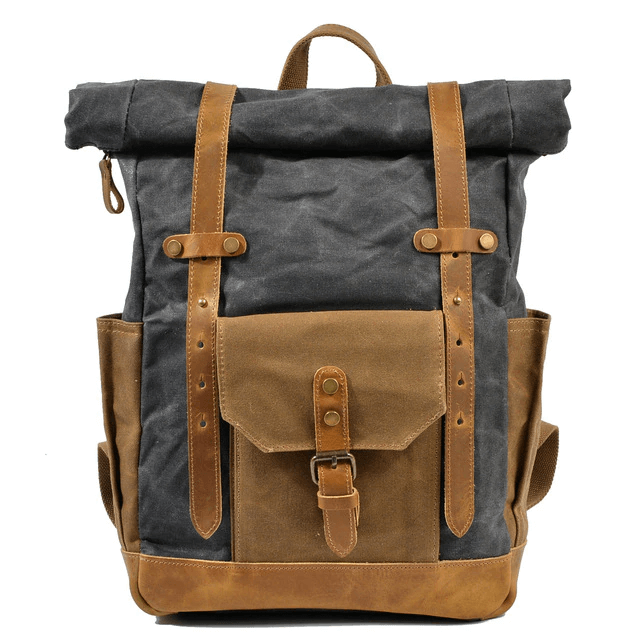 Vintage Style Oil Wax Canvas Daypack - dark grey and tan