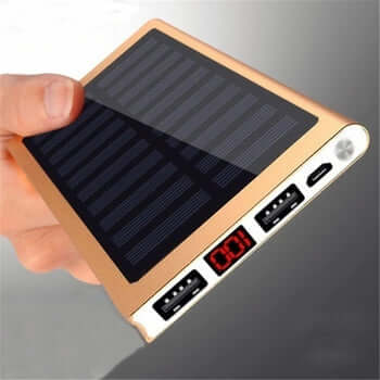 Solar Power Bank Fast Portable Phone Charger 30000mAh - gold color case showing USB ports and digital readout
