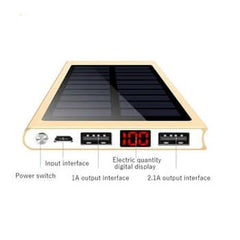 Solar Power Bank Fast Portable Phone Charger 30000mAh - showing power switch, input interface, output interface, digital display