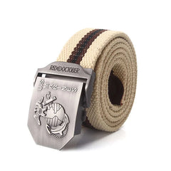 Mens Canvas Belt with US Marines Alloy Buckle - stone with brown & black center stripe