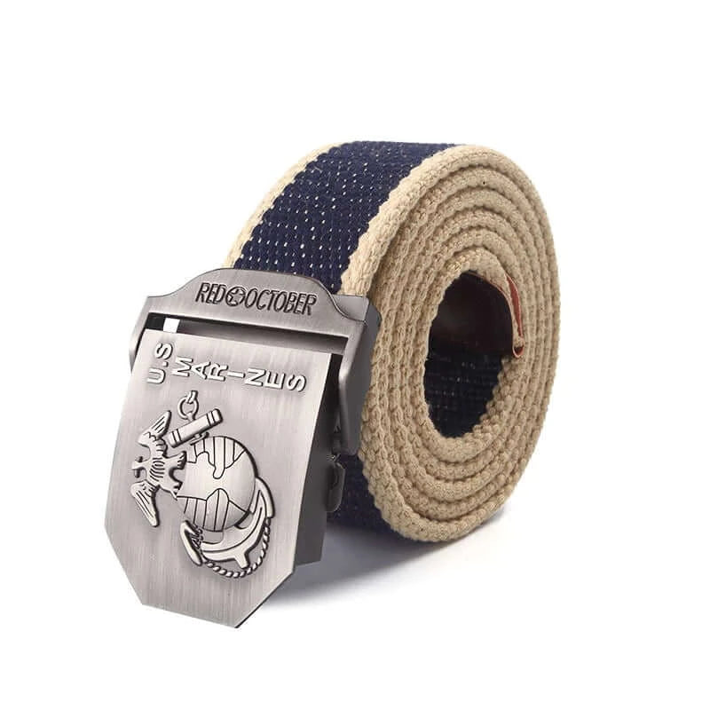 Mens Canvas Belt with US Marines Alloy Buckle - navy blue cream edging