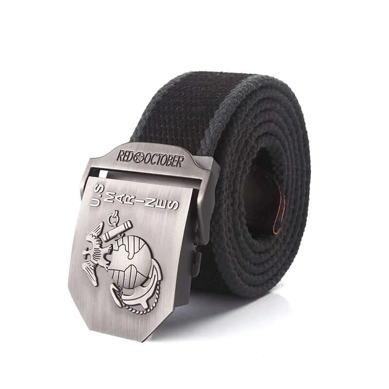 Mens Canvas Belt with US Marines Alloy Buckle - black with dark grey edging