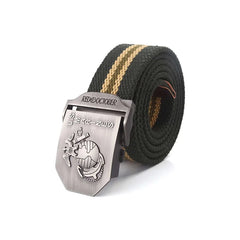 Mens Canvas Belt with US Marines Alloy Buckle - dark grey with cream and army green center stripe