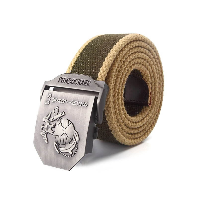 Mens Canvas Belt with US Marines Alloy Buckle - Army green khaki edging