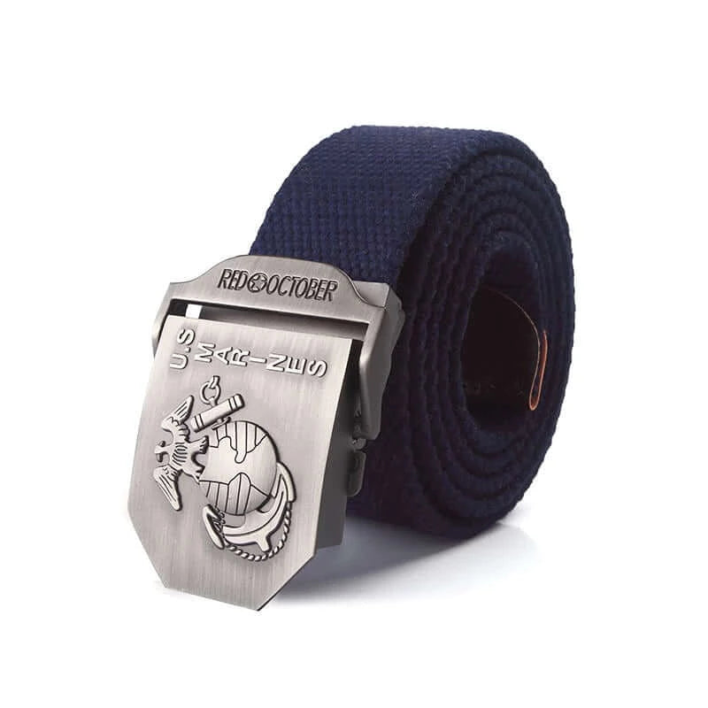 Mens Canvas Belt with US Marines Alloy Buckle - navy blue