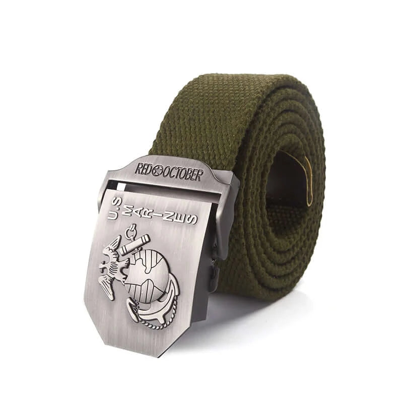 Mens Canvas Belt with US Marines Alloy Buckle  - army green
