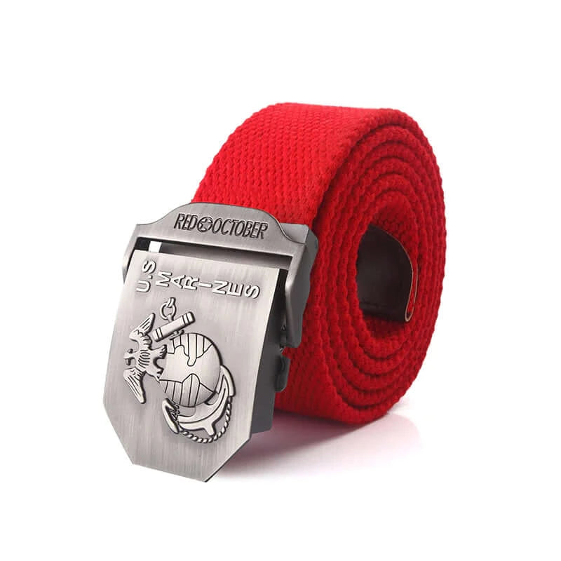 Mens Canvas Belt with US Marines Alloy Buckle - red