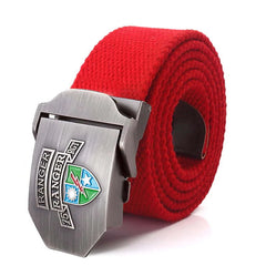 Mens Braided Canvas Belt with US 75th Ranger Regiment Alloy Buckle - red