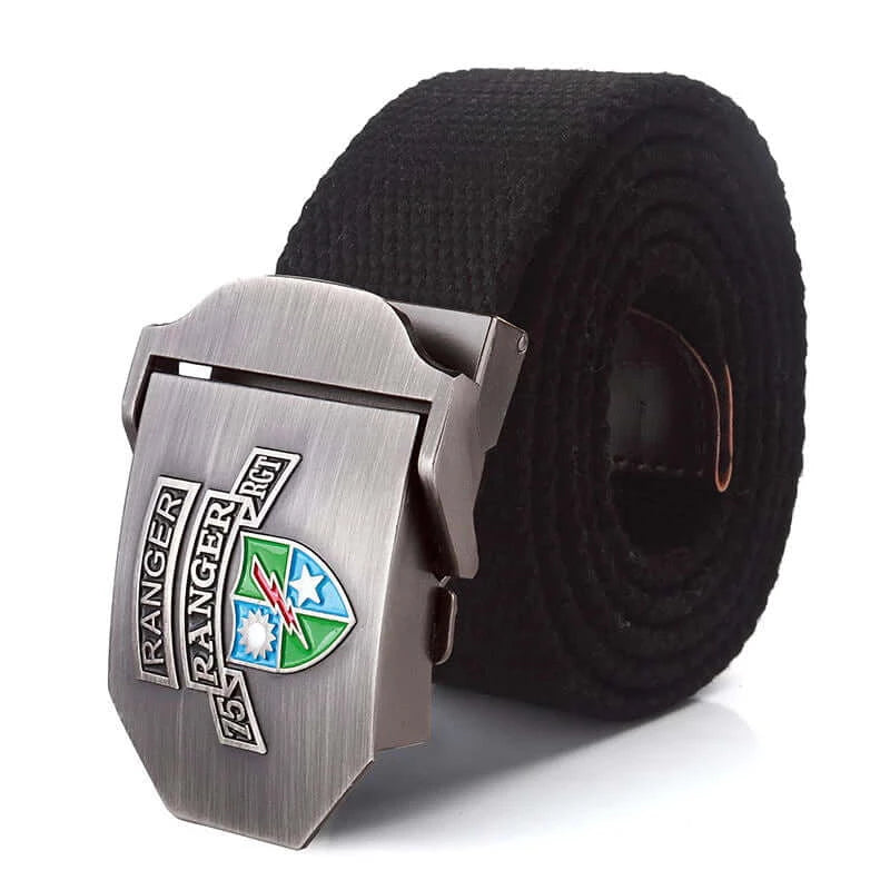 Mens Braided Canvas Belt with US 75th Ranger Regiment Alloy Buckle - black
