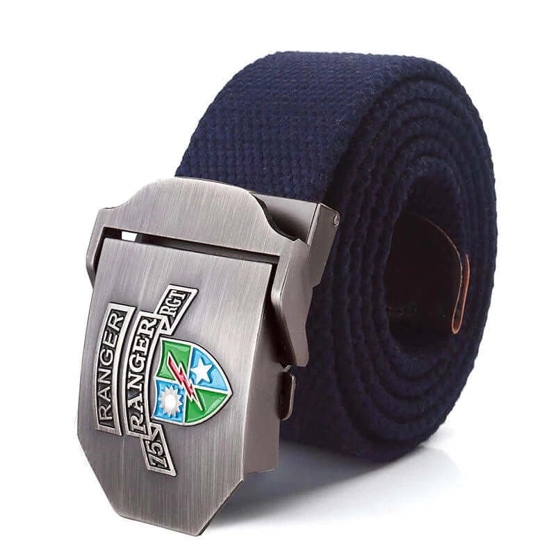 Mens Braided Canvas Belt with US 75th Ranger Regiment Alloy Buckle - Navy Blue