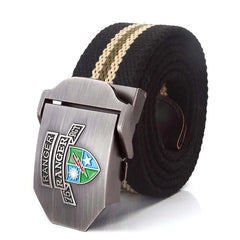 Mens Braided Canvas Belt with US 75th Ranger Regiment Alloy Buckle - black with khaki and army green stripe