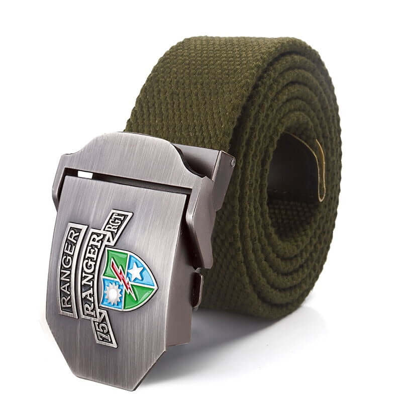 Mens Braided Canvas Belt with US 75th Ranger Regiment Alloy Buckle - army green