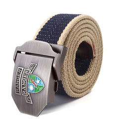 Mens Braided Canvas Belt with US 75th Ranger Regiment Alloy Buckle  - navy blue with khaki edging