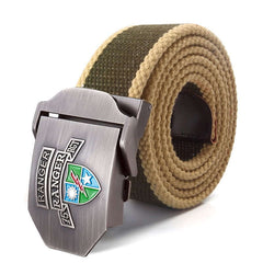 Mens Braided Canvas Belt with US 75th Ranger Regiment Alloy Buckle  - army green with khaki edging