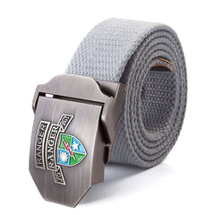 Mens Braided Canvas Belt with US 75th Ranger Regiment Alloy Buckle - light grey 