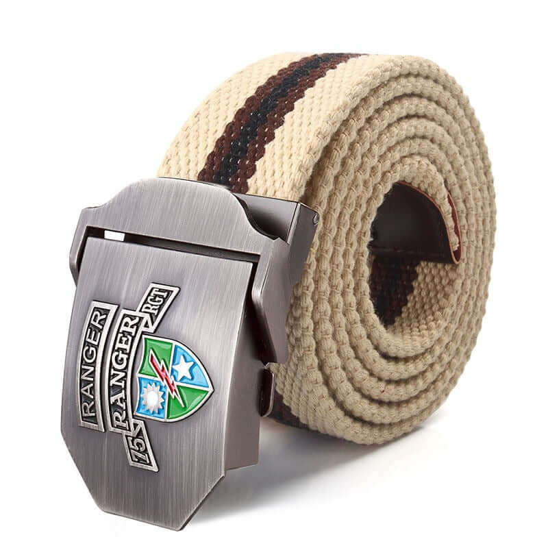 Mens Braided Canvas Belt with US 75th Ranger Regiment Alloy Buckle - khaki with dark brown and black center stripe