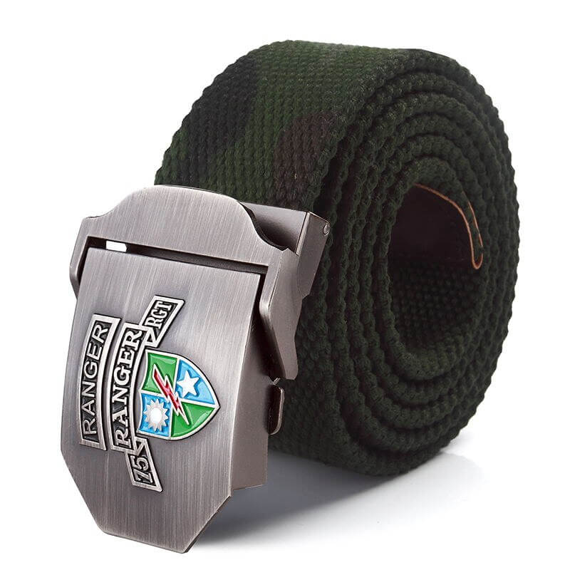 Mens Braided Canvas Belt with US 75th Ranger Regiment Alloy Buckle