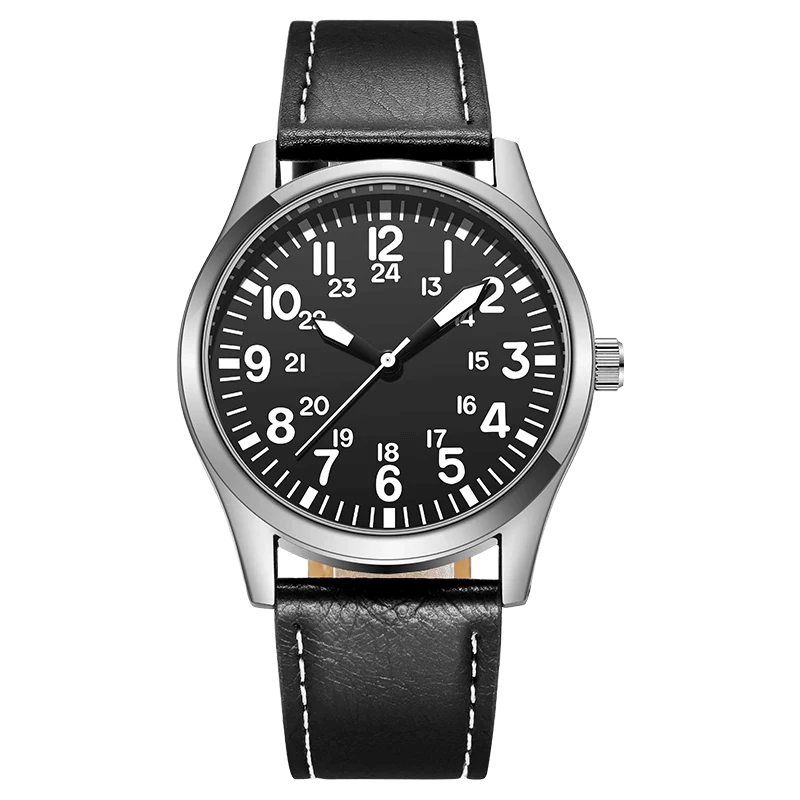 Easy Read Pilot Watch with Japanese Quartz Movement - black strap silver case