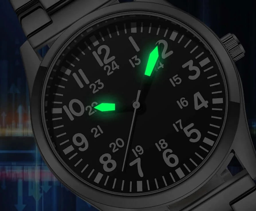 Easy Read Pilot Watch with Japanese Quartz Movement - view of luminous hands in darkness