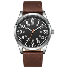 Easy Read Pilot Watch with Japanese Quartz Movement - brown strap silver case