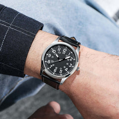 Easy Read Pilot Watch with Japanese Quartz Movement - view of  watch on man's left wrist 