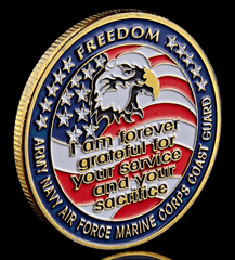 U.S. Military POW MIA Remembrance Coin - back face showing words 'I am forever grateful for your service and your sacrifice' 