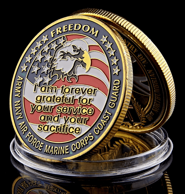 U.S. Military POW MIA Remembrance Coin - back face of coin shown in clear plastic protective case