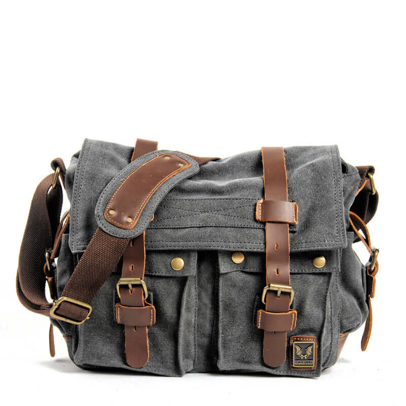 Canvas and Leather Crossbody Messenger Bag dark grey with dark brown contrast straps and shoulder strap.