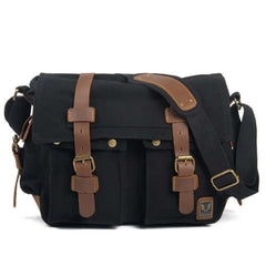 Canvas and Leather Crossbody Messenger Bag in black with dark brown contrast straps