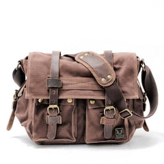 Canvas and Leather Crossbody Messenger Bag brown with dark brown straps and shoulder strap