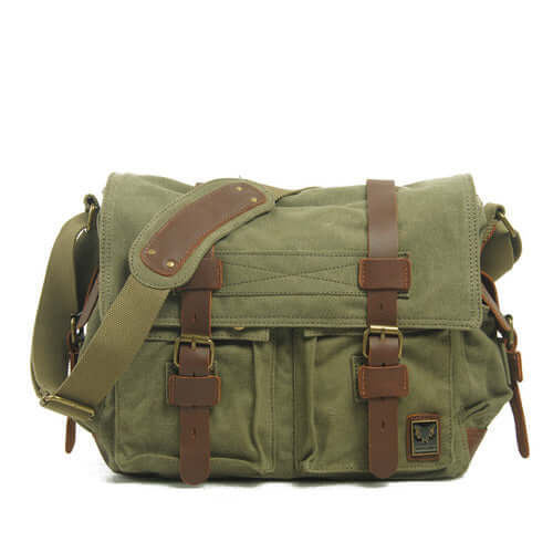 Canvas and Leather Crossbody Messenger Bag in army green with brown contrast straps and buckles