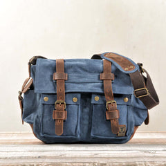 Canvas and Leather Crossbody Messenger Bag in denim blue with dark brown contrast straps and dark brown shoulder strap