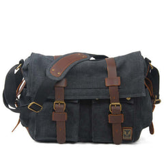 Canvas and Leather Crossbody Messenger Bag in dark grey with dark brown contrast straps and black shoulder strap