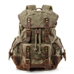 Waxed Canvas Vintage Style Backpack - army green and dark brown trim