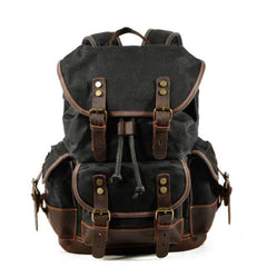 Waxed Canvas Vintage Style Backpack - black and dark brown trim