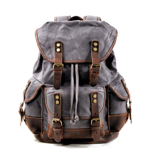 Waxed Canvas Vintage Style Backpack - light grey and dark brown trim