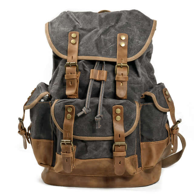 Waxed Canvas Vintage Style Backpack - dark grey and tan trim