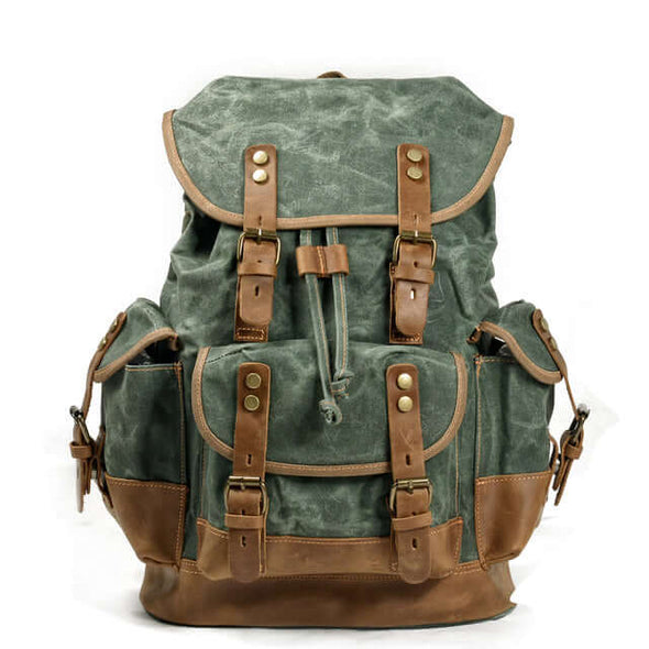 Waxed Canvas Vintage Style Backpack - woodland green and tan trim