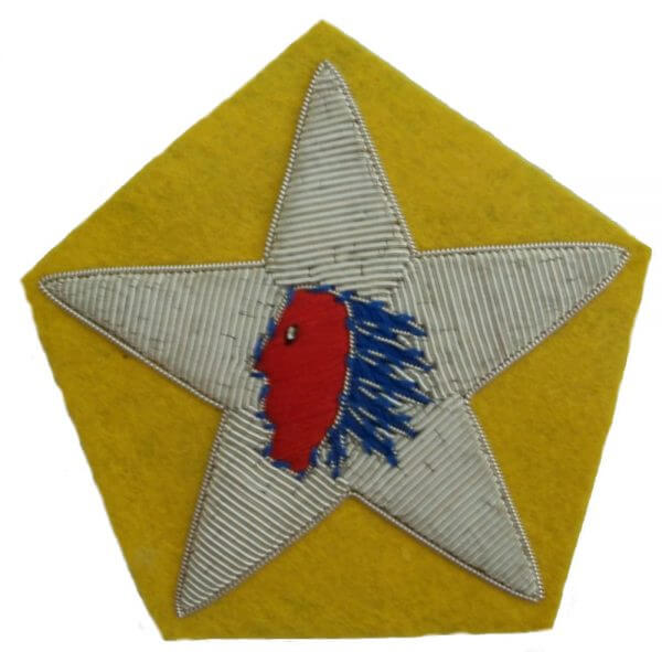 Yellow 5-sided hexagon shaped patch with embroidered silver star and native indian chief head in center