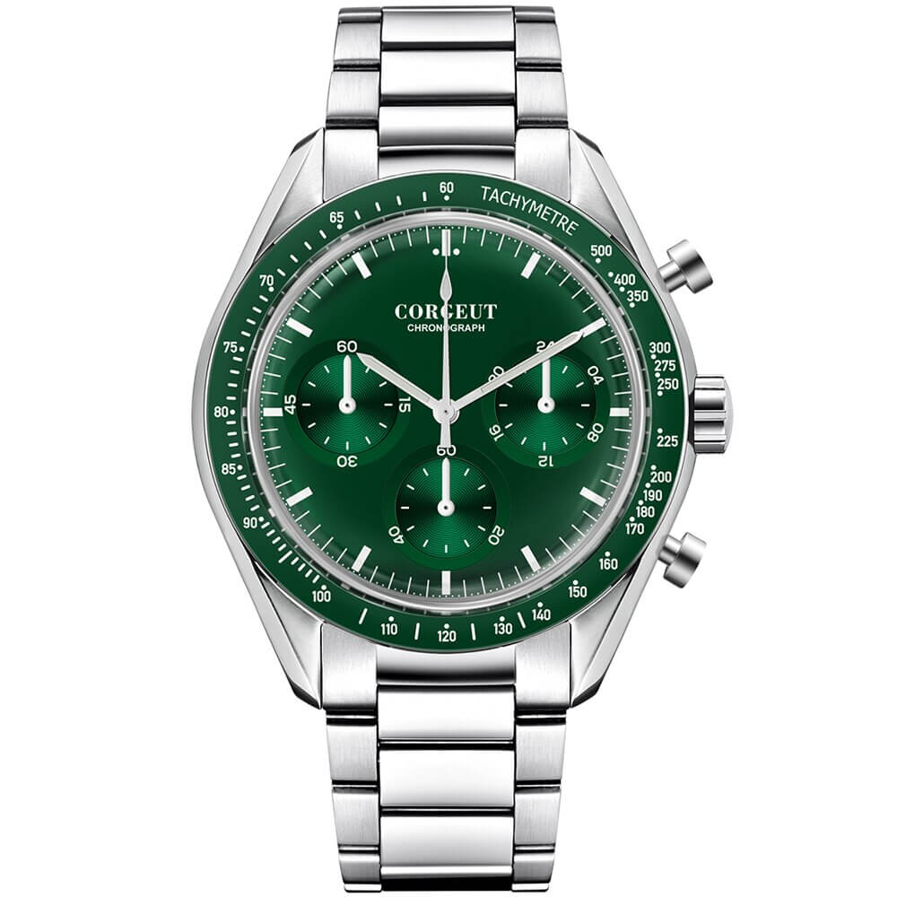 Mens Corgeut Chronograph Multi-Function Quartz Watch - green dial, chrono dials, outer ring, stainless steel link bracelet