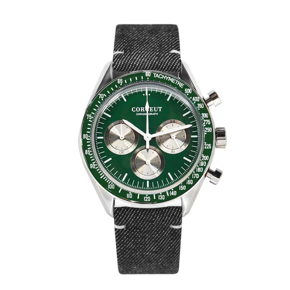 Mens Corgeut Chronograph Multi-Function Quartz Watch - green dial, silver chrono dials, green outer ring on dark grey fabric strap