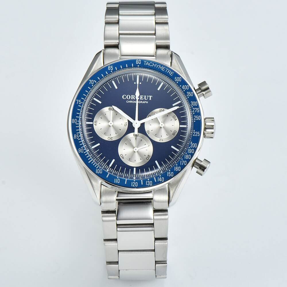 Mens Corgeut Chronograph Multi-Function Quartz Watch - blue dial silver chrono dials blue outer ring stainless steel link bracelet