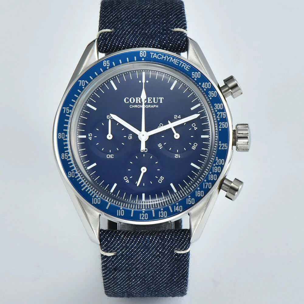 Mens Corgeut Chronograph Multi-Function Quartz Watch - blue dial, chrono dials, outer ring on dark grey fabric strap