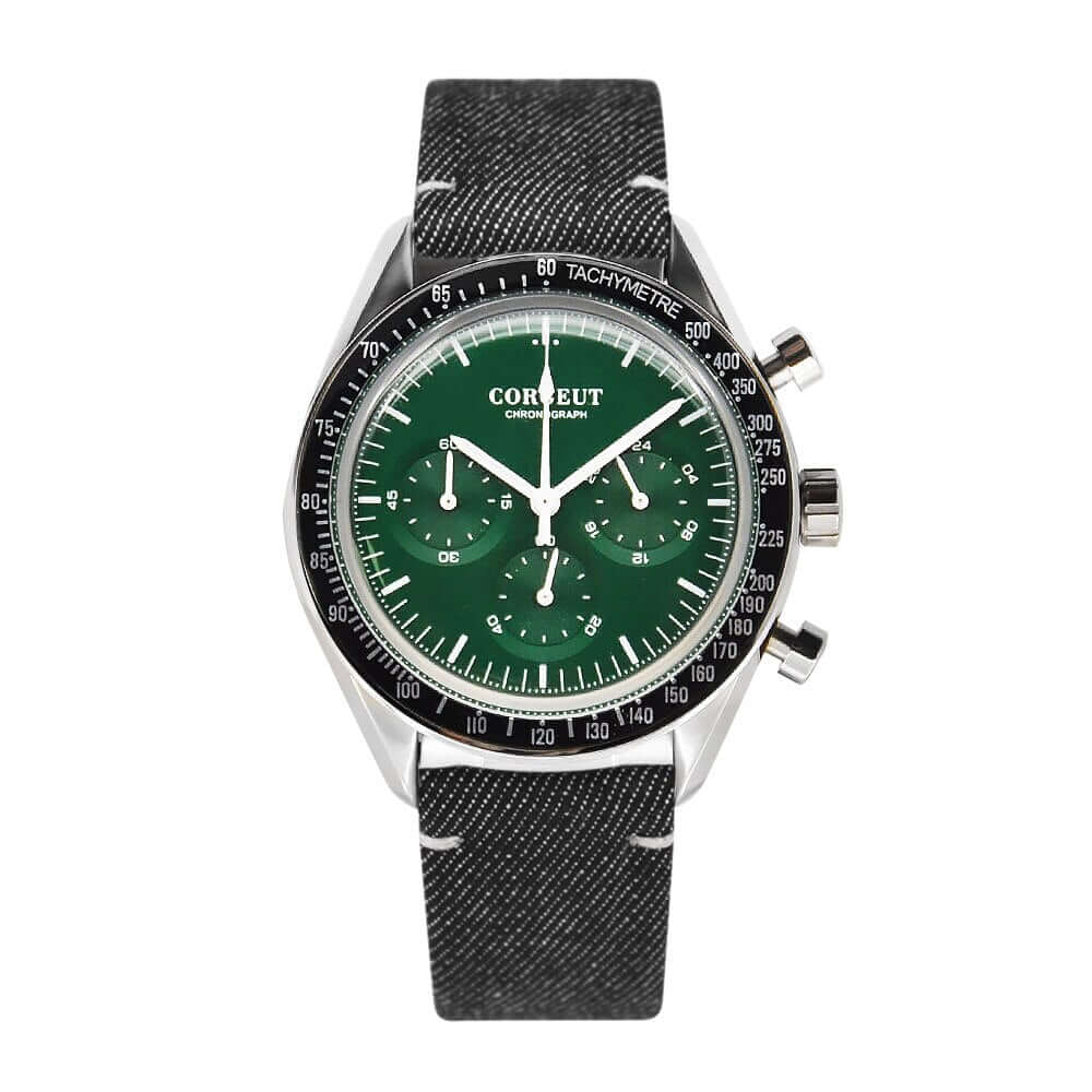 Mens Corgeut Chronograph Multi-Function Quartz Watch - green dial, chrono dials, black outer ring on dark grey fabric strap