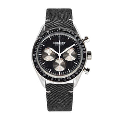 Mens Corgeut Chronograph Multi-Function Quartz Watch - black dial, silver chrono dials, black outer ring on dark grey fabric strap