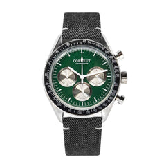 Mens Corgeut Chronograph Multi-Function Quartz Watch - green dial, silver chrono dials, black outer ring on dark grey fabric strap