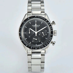 Mens Corgeut Chronograph Multi-Function Quartz Watch - black dial, chrono dials, outer ring, stainless steel link bracelet