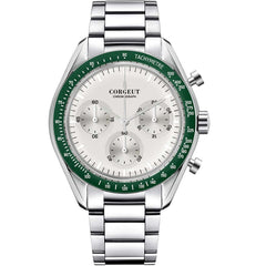 Mens Corgeut Chronograph Multi-Function Quartz Watch - silver dial,  chrono dials, green  outer ring stainless steel link bracelet